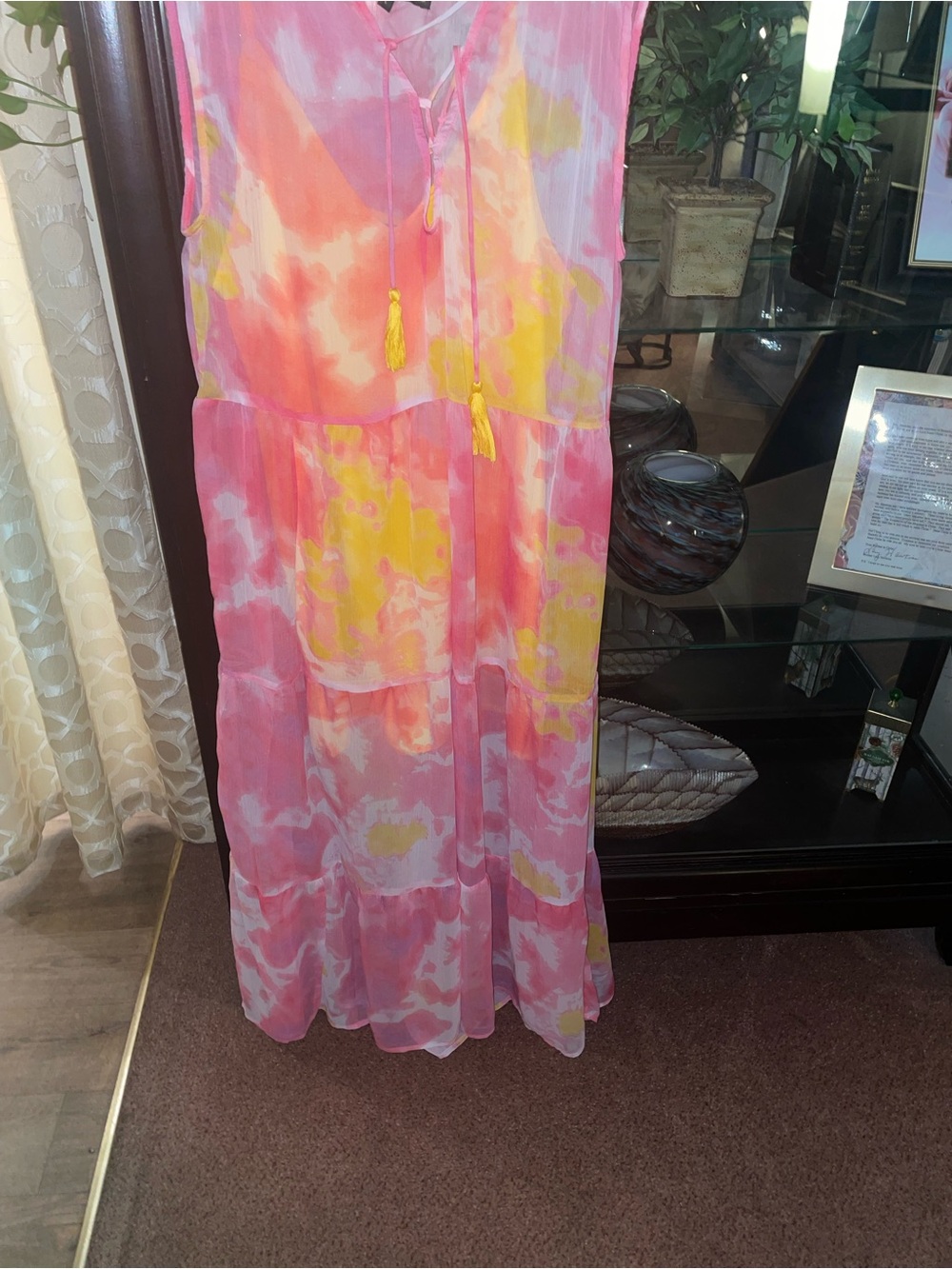 Women’s Pink & Yellow Tie-Dye Tiered Maxi dress